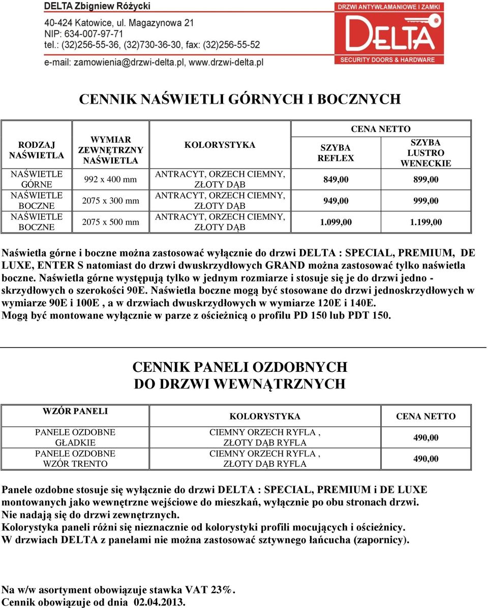 199,00 Naświetla górne i boczne można zastosować wyłącznie do drzwi DELTA : SPECIAL, PREMIUM, DE LUXE, ENTER S natomiast do drzwi dwuskrzydłowych GRAND można zastosować tylko naświetla boczne.