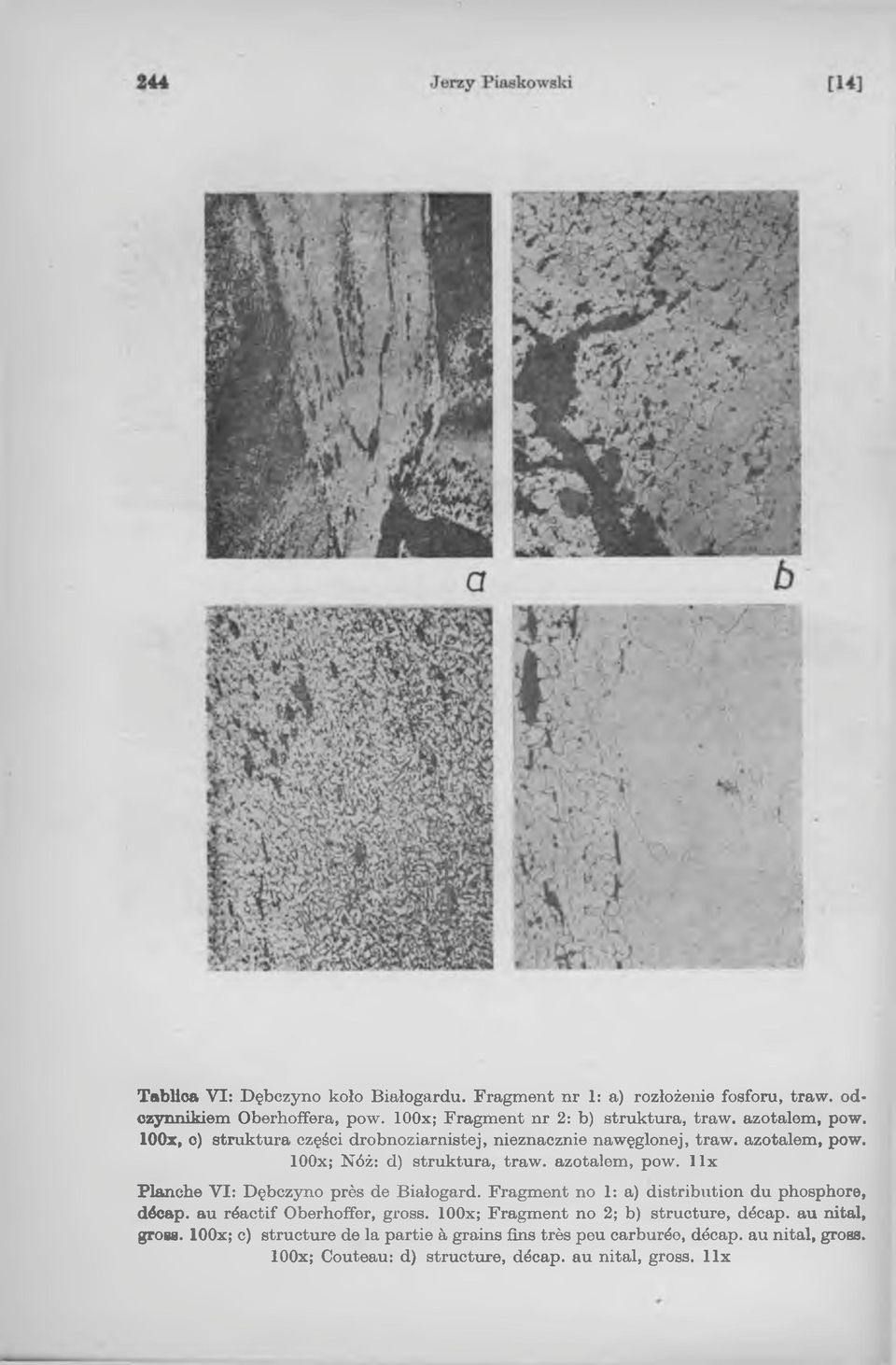 Fragment no 1: a) distribution du phosphore, décap. au réactif Oberhoffer, gross. loox; Fragment no 2; b) structure, décap. au nital, gros».
