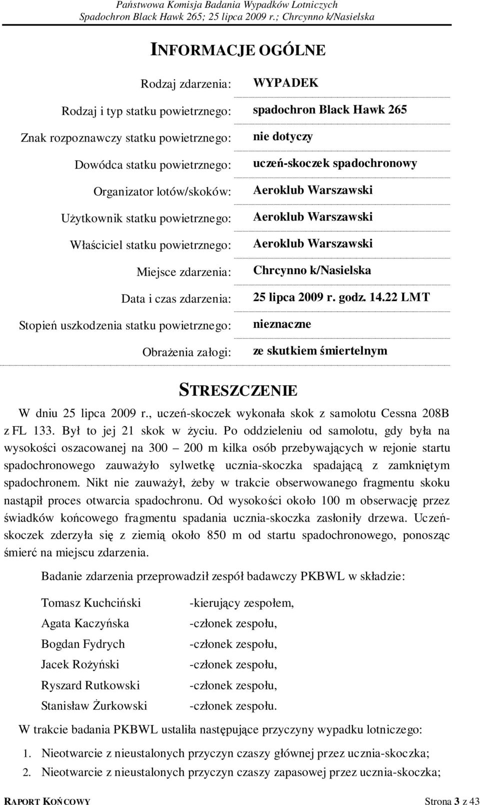 spadochronowy Aeroklub Warszawski Aeroklub Warszawski Aeroklub Warszawski Chrcynno k/nasielska 25 lipca 2009 r. godz. 14.22 LMT nieznaczne ze skutkiem śmiertelnym STRESZCZENIE W dniu 25 lipca 2009 r.