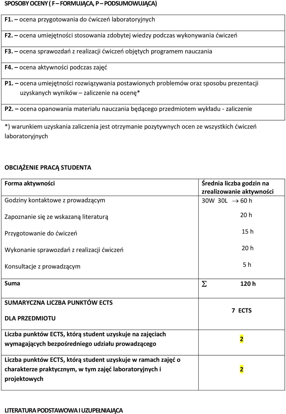 ocena umiejętności rozwiązywania postawionych problemów oraz sposobu prezentacji uzyskanych wyników zaliczenie na ocenę* P2.