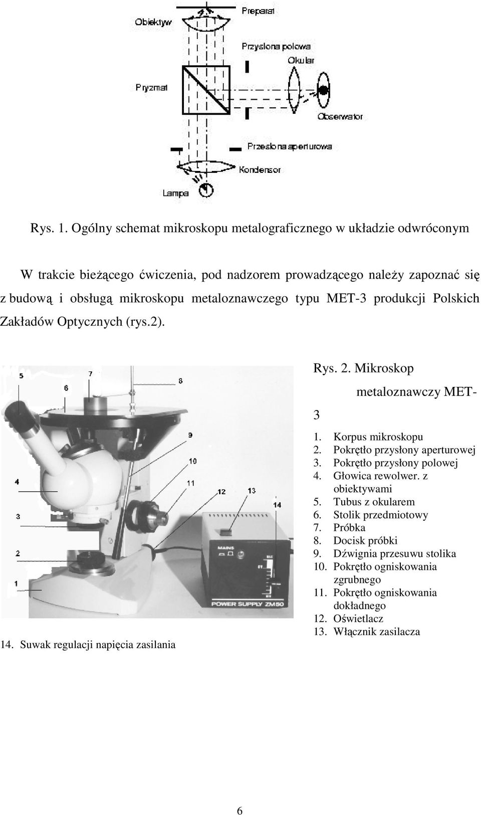 mikroskopu metaloznawczego typu MET-3 produkcji Polskich Zakładów Optycznych (rys.2). 14. Suwak regulacji napięcia zasilania Rys. 2. Mikroskop 3 metaloznawczy MET- 1.
