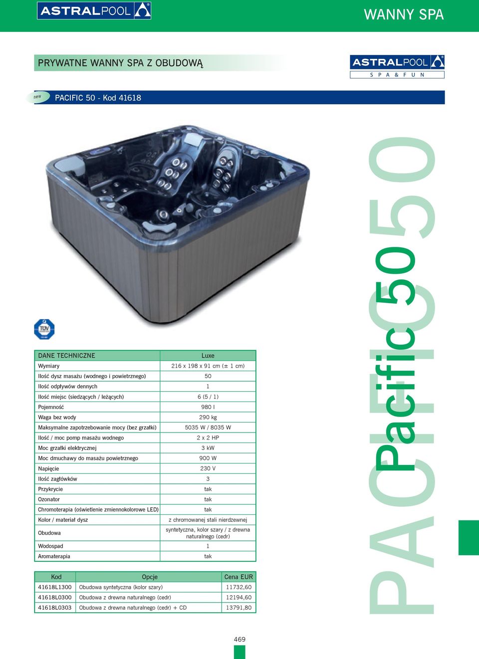 x 2 HP 3 kw 900 W 230 V Ilość zagłówków 3 Przykrycie Ozonator Chromoterapia (oświetlenie zmiennokolorowe LED) Kolor / materiał dysz Obudowa z chromowanej stali nierdzewnej syntetyczna, kolor szary /