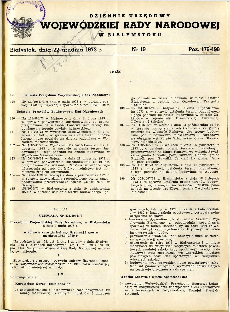 Uchwały Prezydiów Powiatowych Rad Narodowych 180 Na 123/800/73 w Hajnówce z dnia 31 lipca 1973 r.