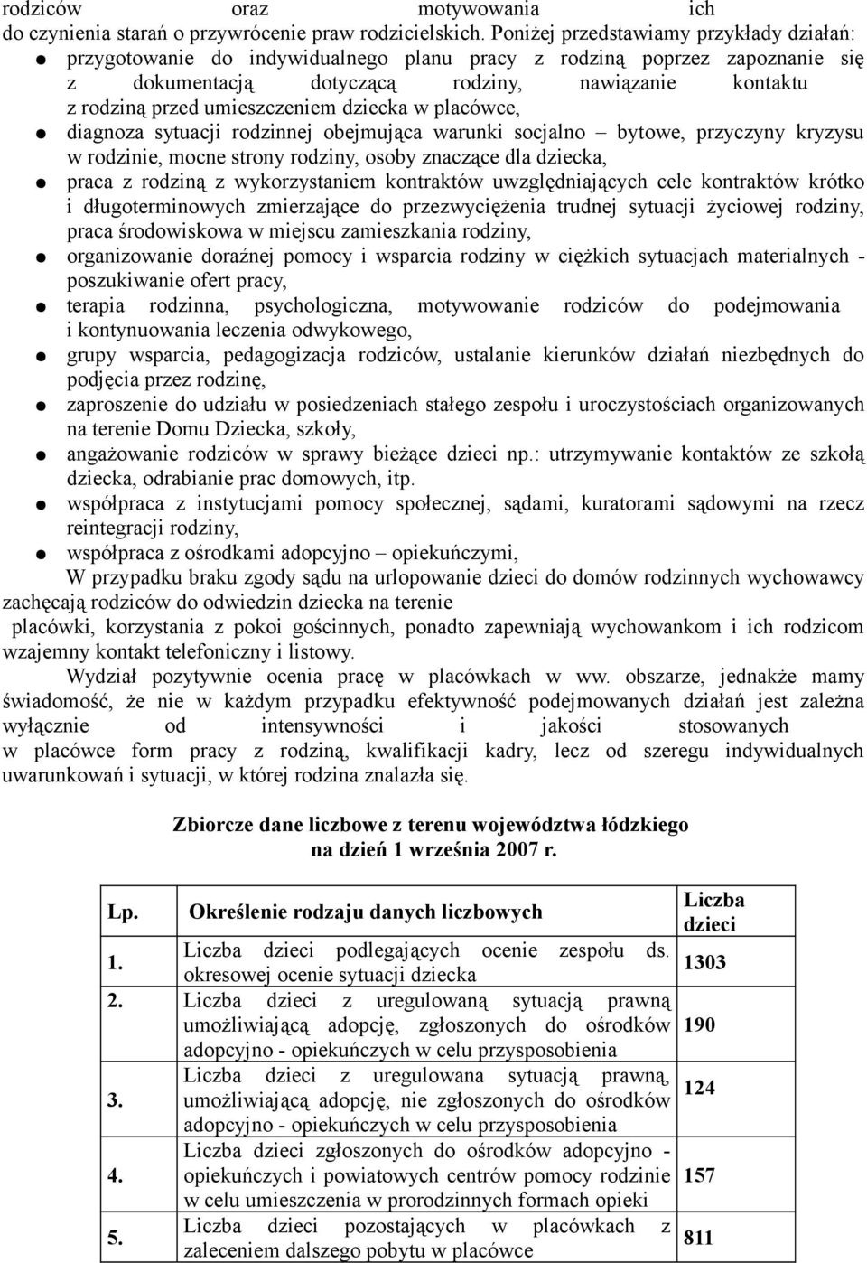 umieszczeniem dziecka w placówce, diagnoza sytuacji rodzinnej obejmująca warunki socjalno bytowe, przyczyny kryzysu w rodzinie, mocne strony rodziny, osoby znaczące dla dziecka, praca z rodziną z