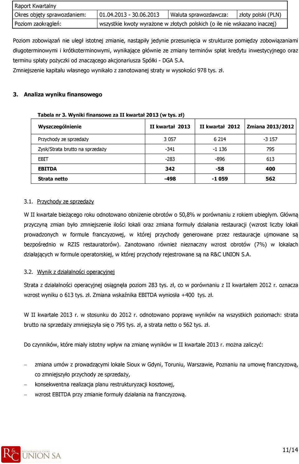 Analiza wyniku finansowego Tabela nr 3. Wyniki finansowe za II kwartał 2013 (w tys.