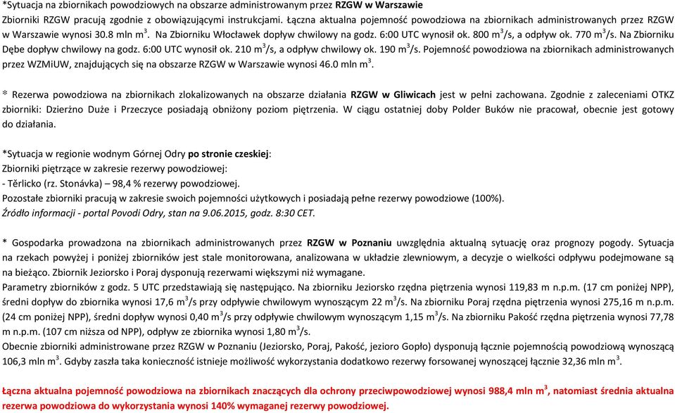 800 m 3 /s, a odpływ ok. 770 m 3 /s. Na Zbiorniku Dębe dopływ chwilowy na godz. 6:00 UTC wynosił ok. 210 m 3 /s, a odpływ chwilowy ok. 190 m 3 /s.