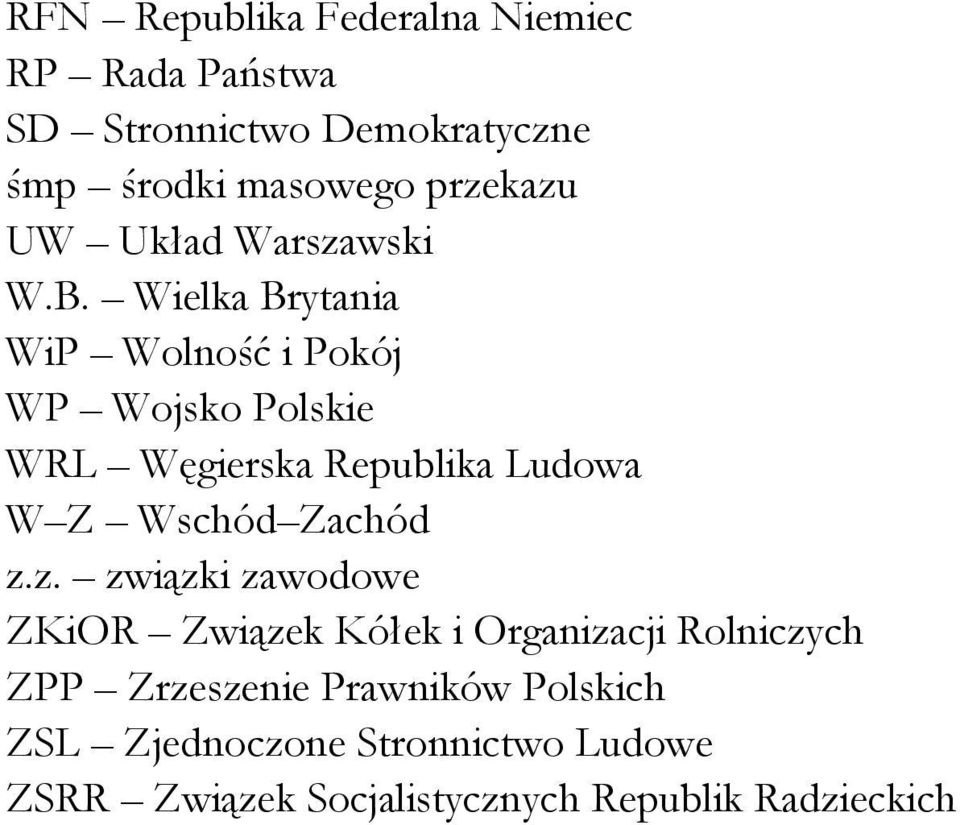 Wielka Brytania WiP Wolność i Pokój WP Wojsko Polskie WRL Węgierska Republika Ludowa W Z Wschód Zachód z.