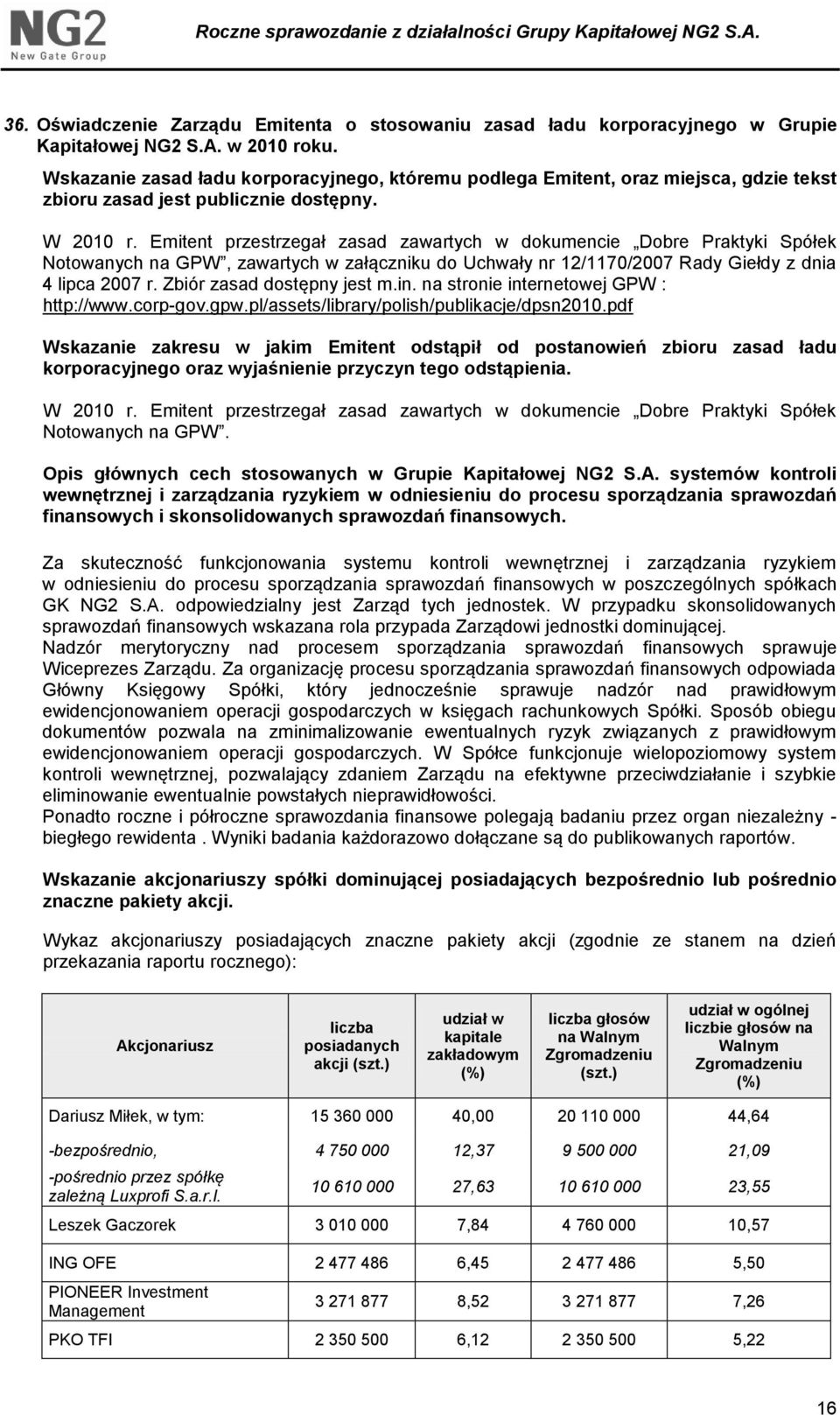 Emitent przestrzegał zasad zawartych w dokumencie Dobre Praktyki Spółek Notowanych na GPW, zawartych w załączniku do Uchwały nr 12/1170/2007 Rady Giełdy z dnia 4 lipca 2007 r.