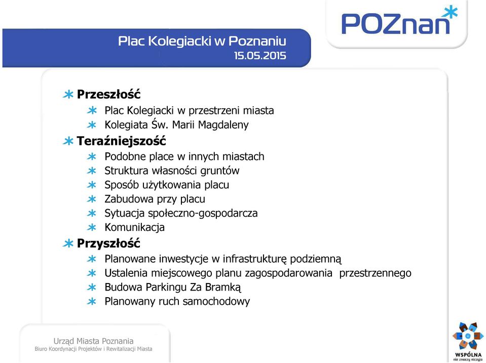 placu Zabudowa przy placu Sytuacja społeczno-gospodarcza Komunikacja Przyszłość Planowane inwestycje w