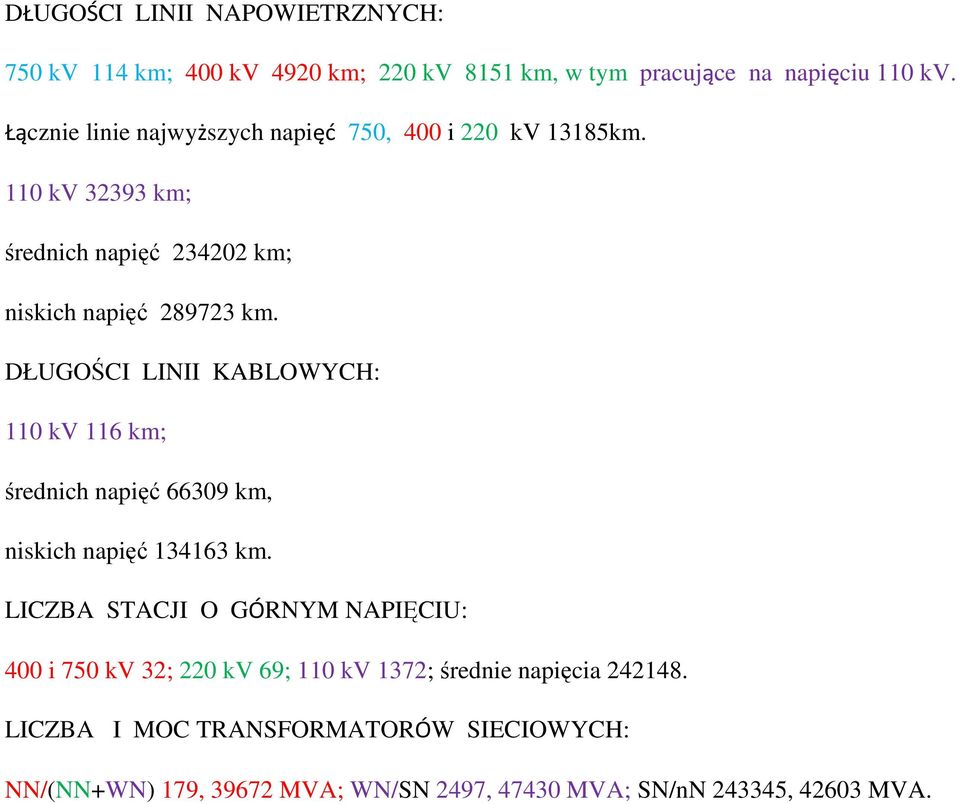 DŁUGOŚCI LINII KABLOWYCH: 110 kv 116 km; średnich napięć 66309 km, niskich napięć 134163 km.