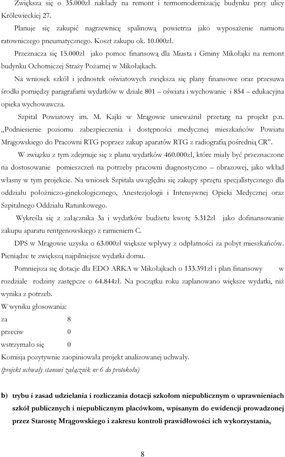 000zł jako pomoc finansową dla Miasta i Gminy Mikołajki na remont budynku Ochotniczej Straży Pożarnej w Mikołajkach.