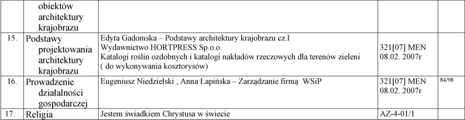 Katalogi roślin ozdobnych i katalogi nakładów rzeczowych dla terenów zieleni ( do wykonywania kosztorysów) Eugeniusz