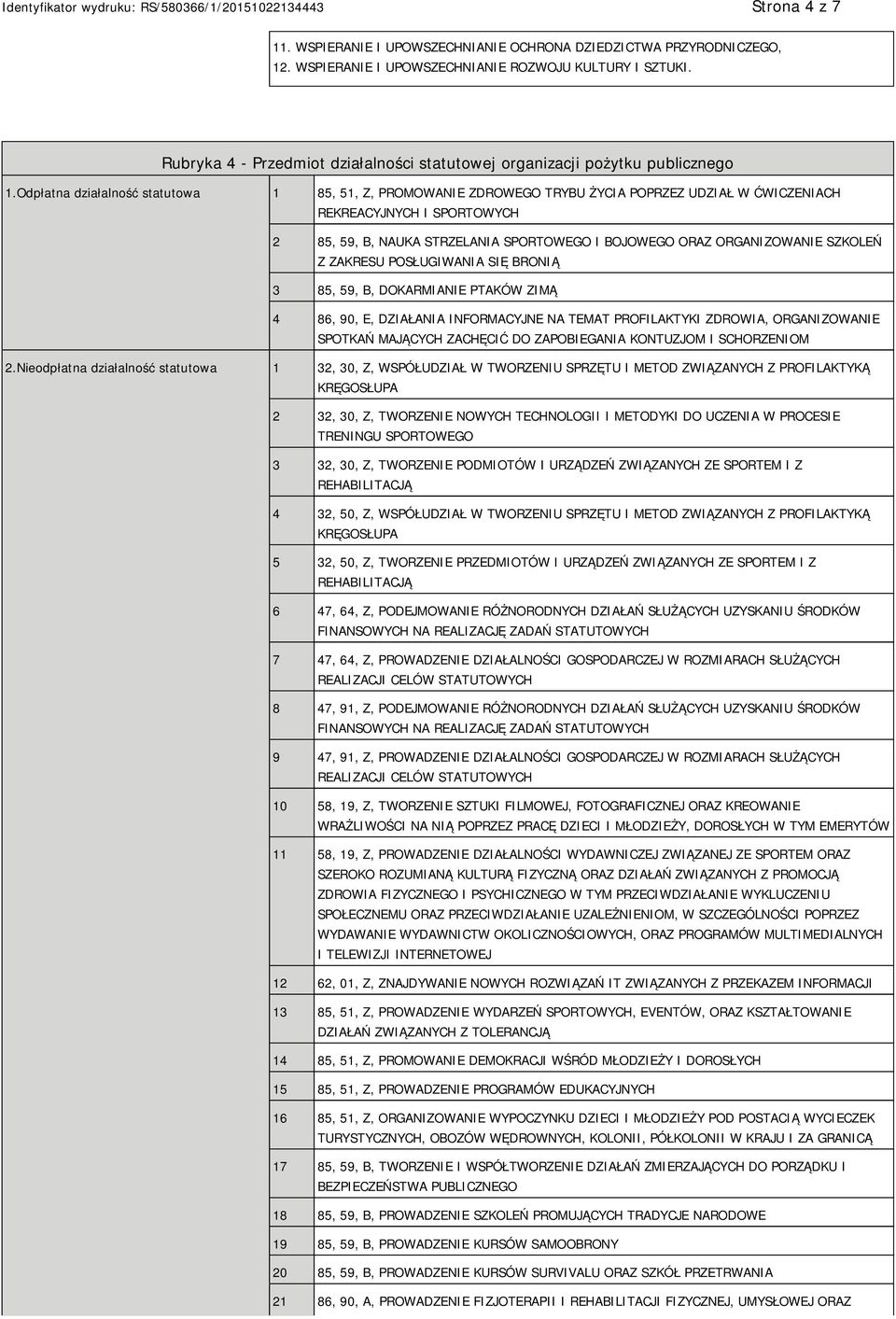 Odpłatna działalność statutowa 1 85, 51, Z, PROMOWANIE ZDROWEGO TRYBU ŻYCIA POPRZEZ UDZIAŁ W ĆWICZENIACH REKREACYJNYCH I SPORTOWYCH 2 85, 59, B, NAUKA STRZELANIA SPORTOWEGO I BOJOWEGO ORAZ
