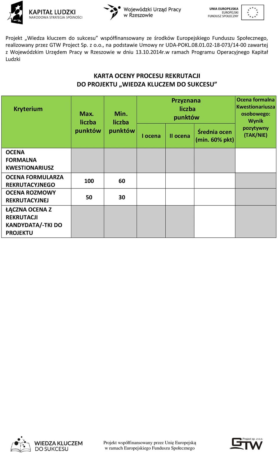 w ramach Programu Operacyjnego Kapitał Ludzki KARTA OCENY PROCESU REKRUTACJI DO PROJEKTU WIEDZA KLUCZEM DO SUKCESU Kryterium Max. Min.