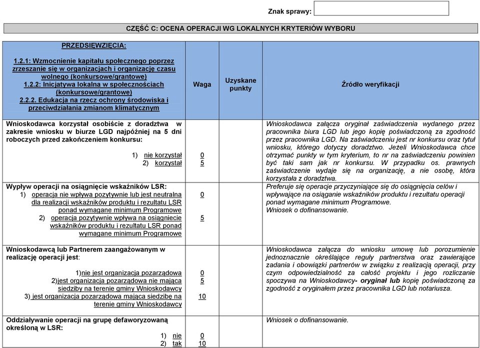 2: Inicjatywa lokalna w społecznościach (konkursowe/grantowe) 2.2.2. Edukacja na rzecz ochrony środowiska i przeciwdziałania zmianom klimatycznym Waga Uzyskane punkty Źródło weryfikacji Wnioskodawca