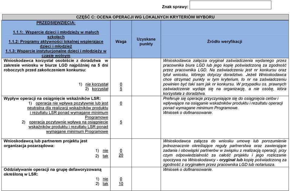 1) nie korzystał 2) korzystał Wypływ operacji na osiągnięcie wskaźników LSR: 1) operacja nie wpływa pozytywnie lub jest neutralna dla realizacji wskaźników produktu i rezultatu LSR ponad wymagane