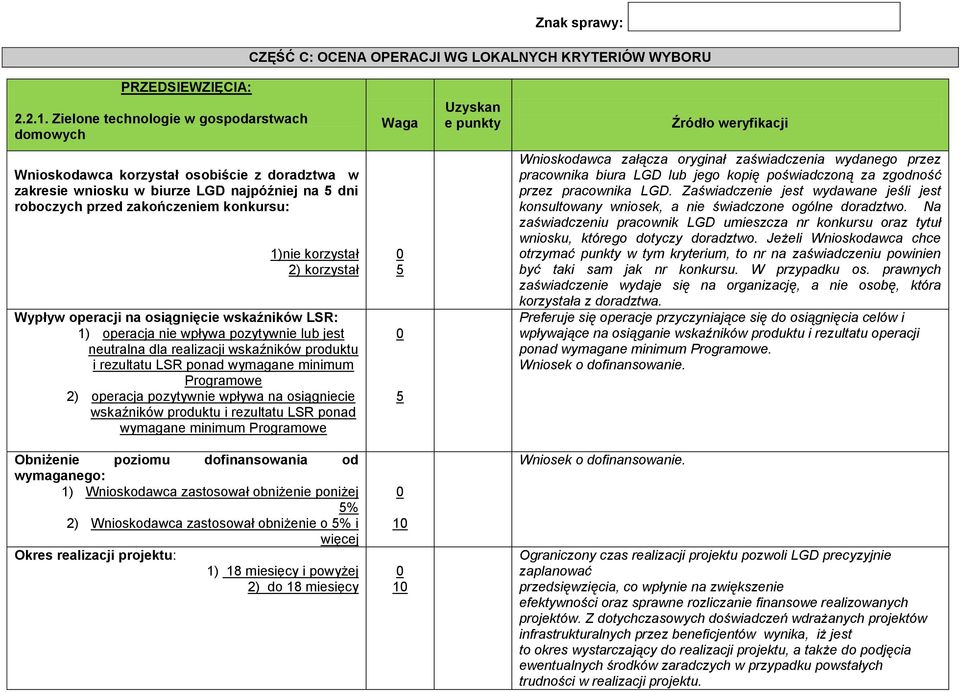 zakończeniem konkursu: 1)nie korzystał 2) korzystał Wypływ operacji na osiągnięcie wskaźników LSR: 1) operacja nie wpływa pozytywnie lub jest neutralna dla realizacji wskaźników produktu i rezultatu