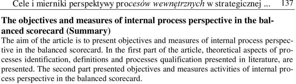 objectives and measures of internal process perspective in the balanced scorecard.