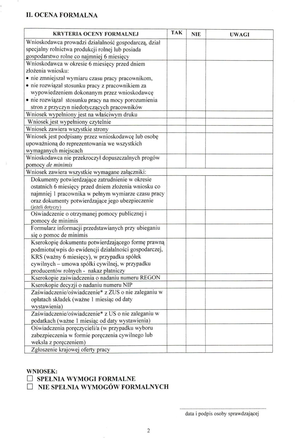wnioskodawcę nie rozwiązał stosunku pracy na mocy porozumienia stron z przyczyn niedotyczącycb pracowników Wniosek wypełniony jest na właściwym druku Wniosek jest wypełniony czytelnie Wniosek zawiera