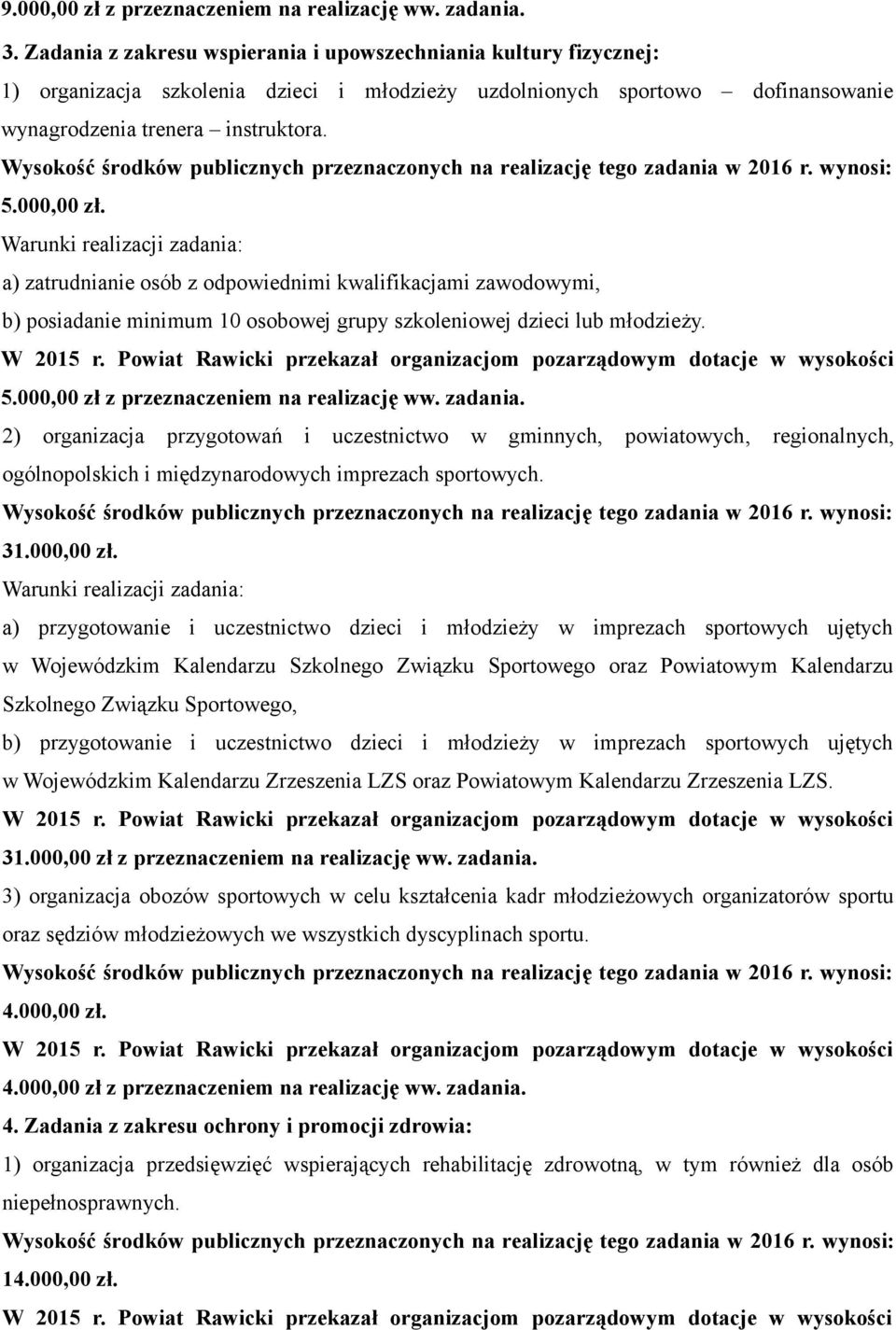 Warunki realizacji zadania: a) zatrudnianie osób z odpowiednimi kwalifikacjami zawodowymi, b) posiadanie minimum 10 osobowej grupy szkoleniowej dzieci lub młodzieży. 5.