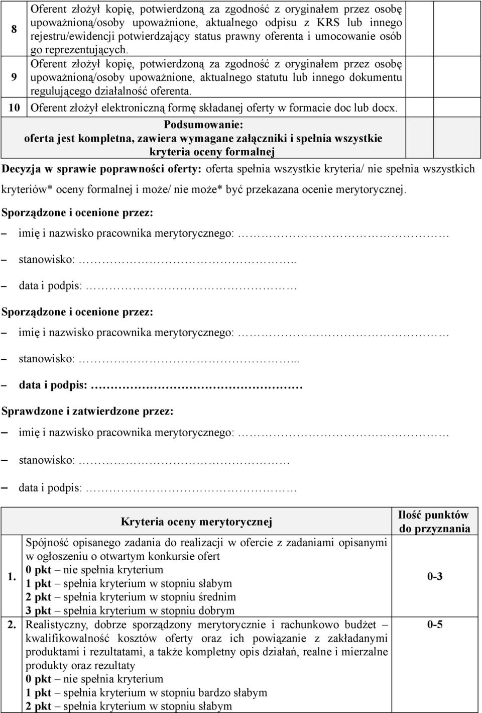 Oferent złożył kopię, potwierdzoną za zgodność z oryginałem przez osobę 9 upoważnioną/osoby upoważnione, aktualnego statutu lub innego dokumentu regulującego działalność oferenta.