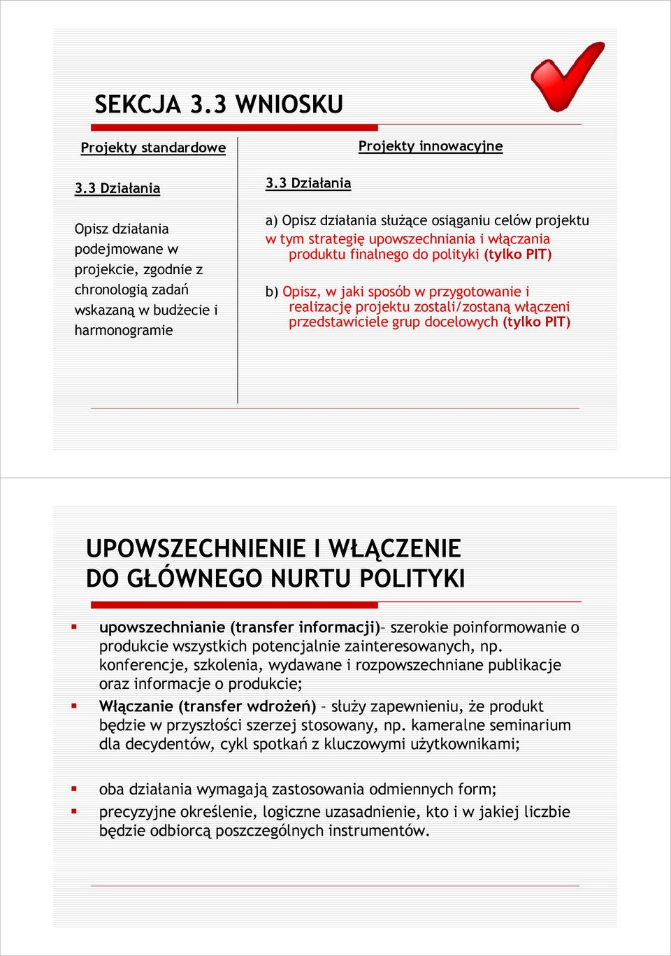 realizację projektu zostali/zostaną włączeni przedstawiciele grup docelowych (tylko PIT) UPOWSZECHNIENIE I WŁĄCZENIE DO GŁÓWNEGO NURTU POLITYKI upowszechnianie (transfer informacji) szerokie