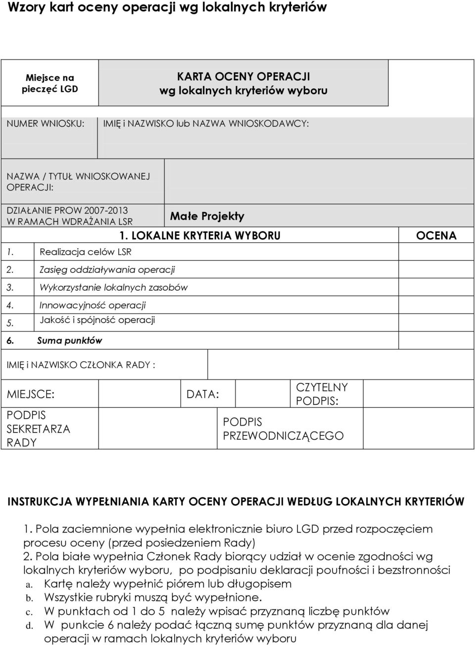 Suma punktów IMIĘ i NAZWISKO CZŁONKA RADY : Małe Projekty 1.