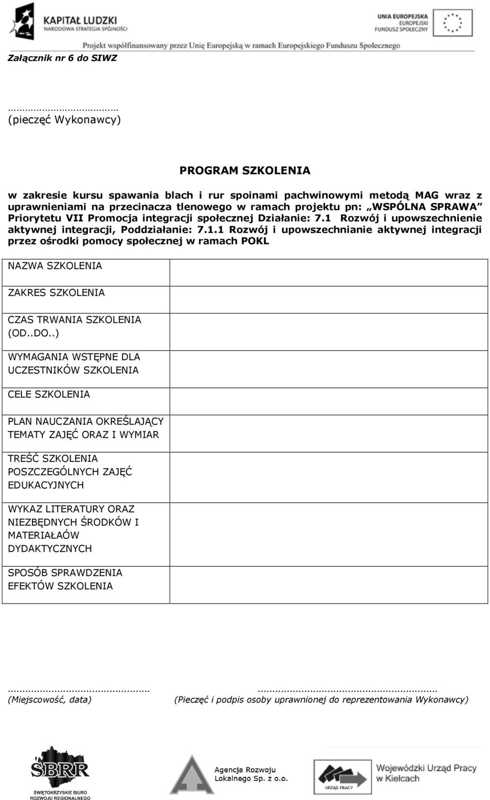 Priorytetu VII Promocja integracji społecznej Działanie: 7.