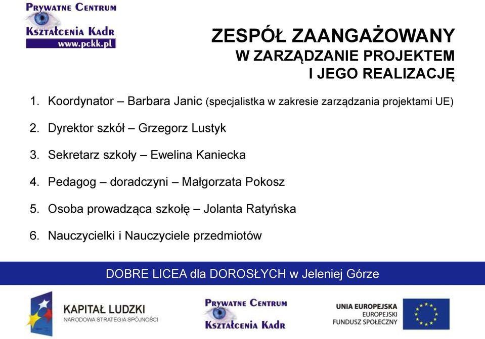 Dyrektor szkół Grzegorz Lustyk 3. Sekretarz szkoły Ewelina Kaniecka 4.