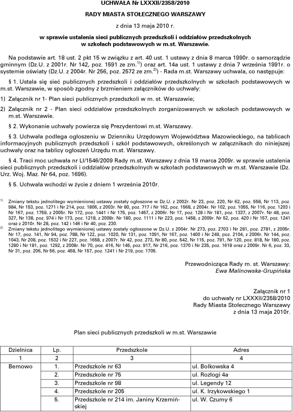 1 ustawy z dnia 7 września 1991r. o systemie oświaty (Dz.U. z 2004r. Nr 256, poz. 2572 ze zm. 2) ) - Rada m.st. Warszawy uchwala, co następuje: 1.
