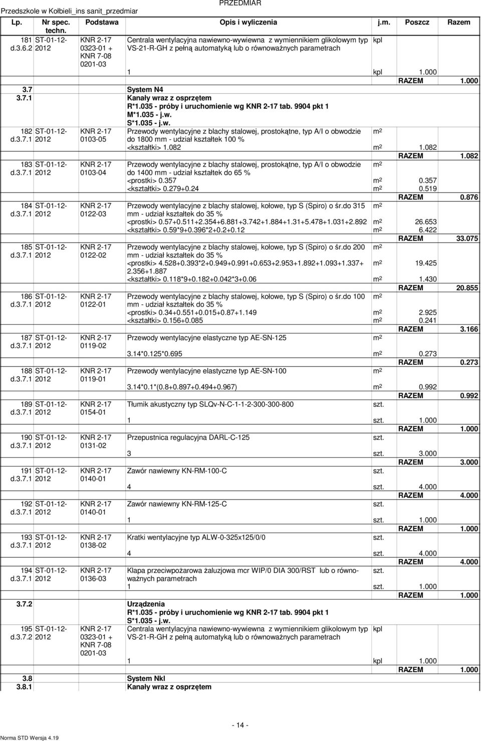 035 - próby i uruchoienie wg tab. 9904 pkt 1 182 ST-01-12- d.3.7.1 2012 183 ST-01-12- d.3.7.1 2012 184 ST-01-12- d.3.7.1 2012 185 ST-01-12- d.3.7.1 2012 186 ST-01-12- d.3.7.1 2012 187 ST-01-12- d.3.7.1 2012 188 ST-01-12- d.