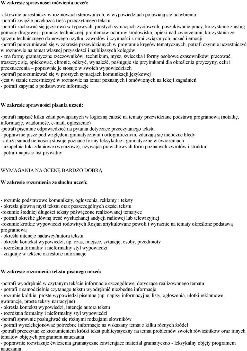 ze sprzętu technicznego domowego użytku, zawodów i czynności z nimi związanych, uczuć i emocji -potrafi porozumiewać się w zakresie przewidzianych w programie kręgów tematycznych, potrafi czynnie