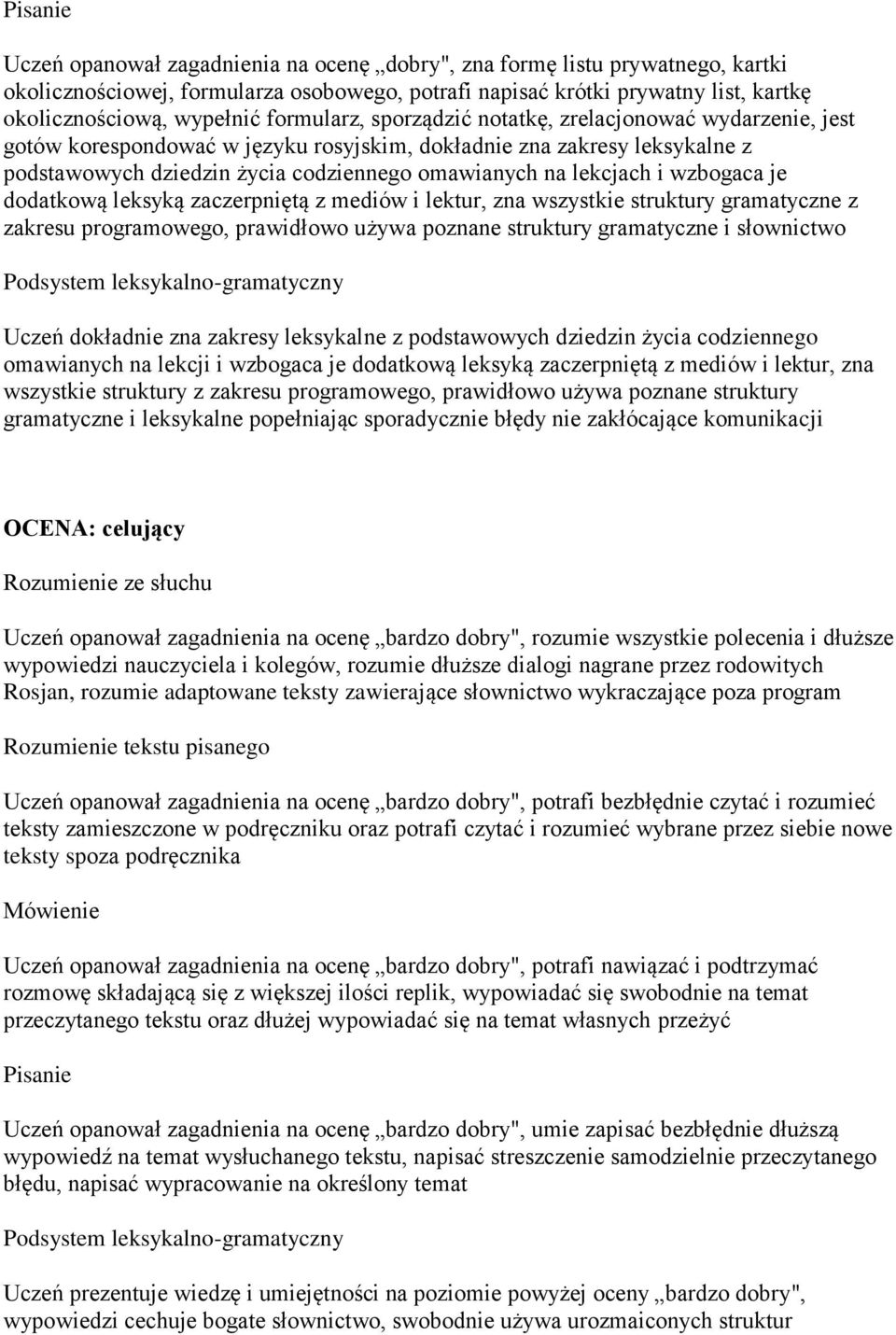 i wzbogaca je dodatkową leksyką zaczerpniętą z mediów i lektur, zna wszystkie struktury gramatyczne z zakresu programowego, prawidłowo używa poznane struktury gramatyczne i słownictwo Podsystem