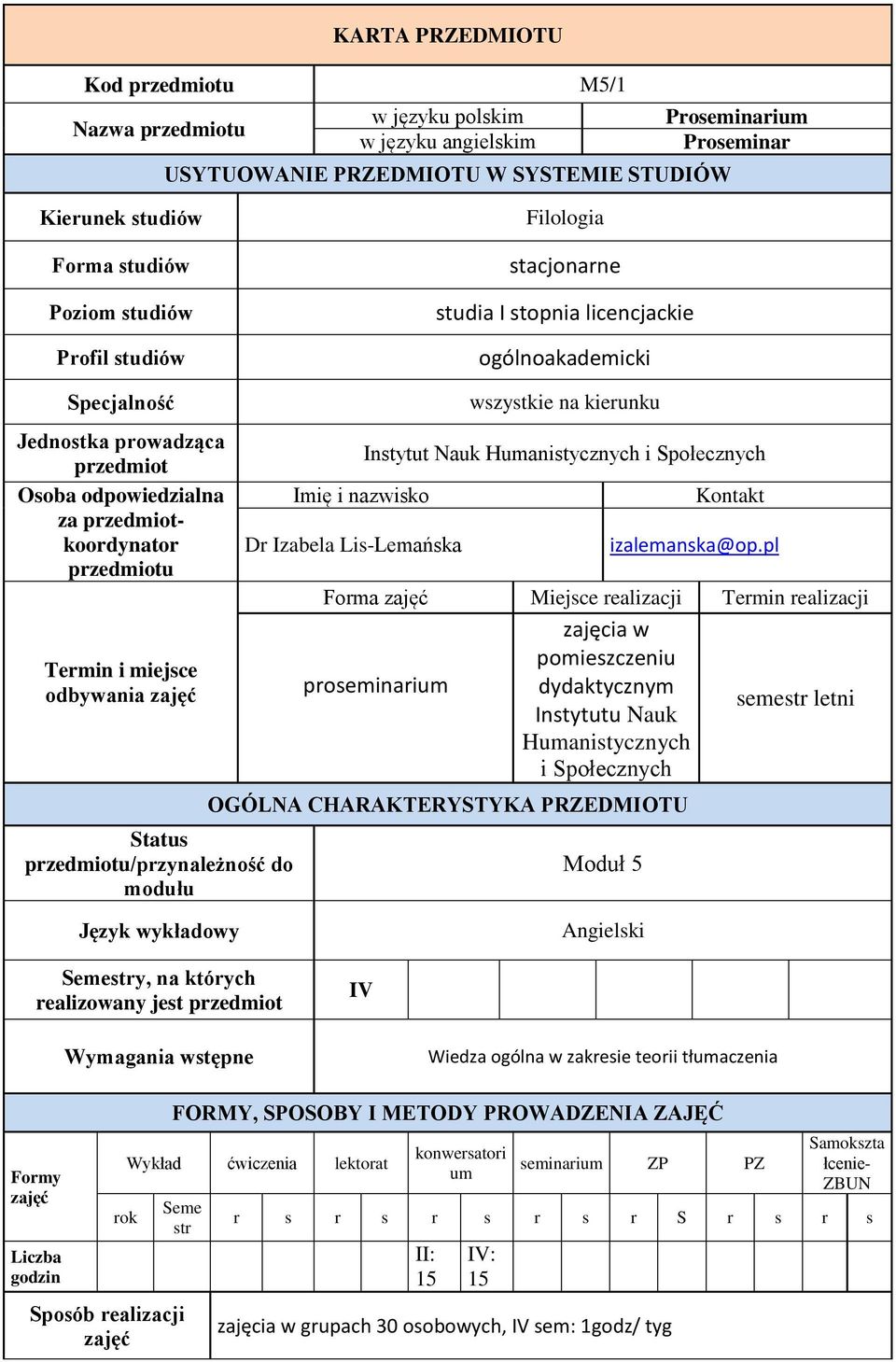 odbywania zajęć Status przediotu/przynależność do odułu Iię i nazwisko Dr Izabela Lis-Leańska wszystkie na kierunku Instytut Nauk Huanistycznych i Społecznych Kontakt izaleanska@op.