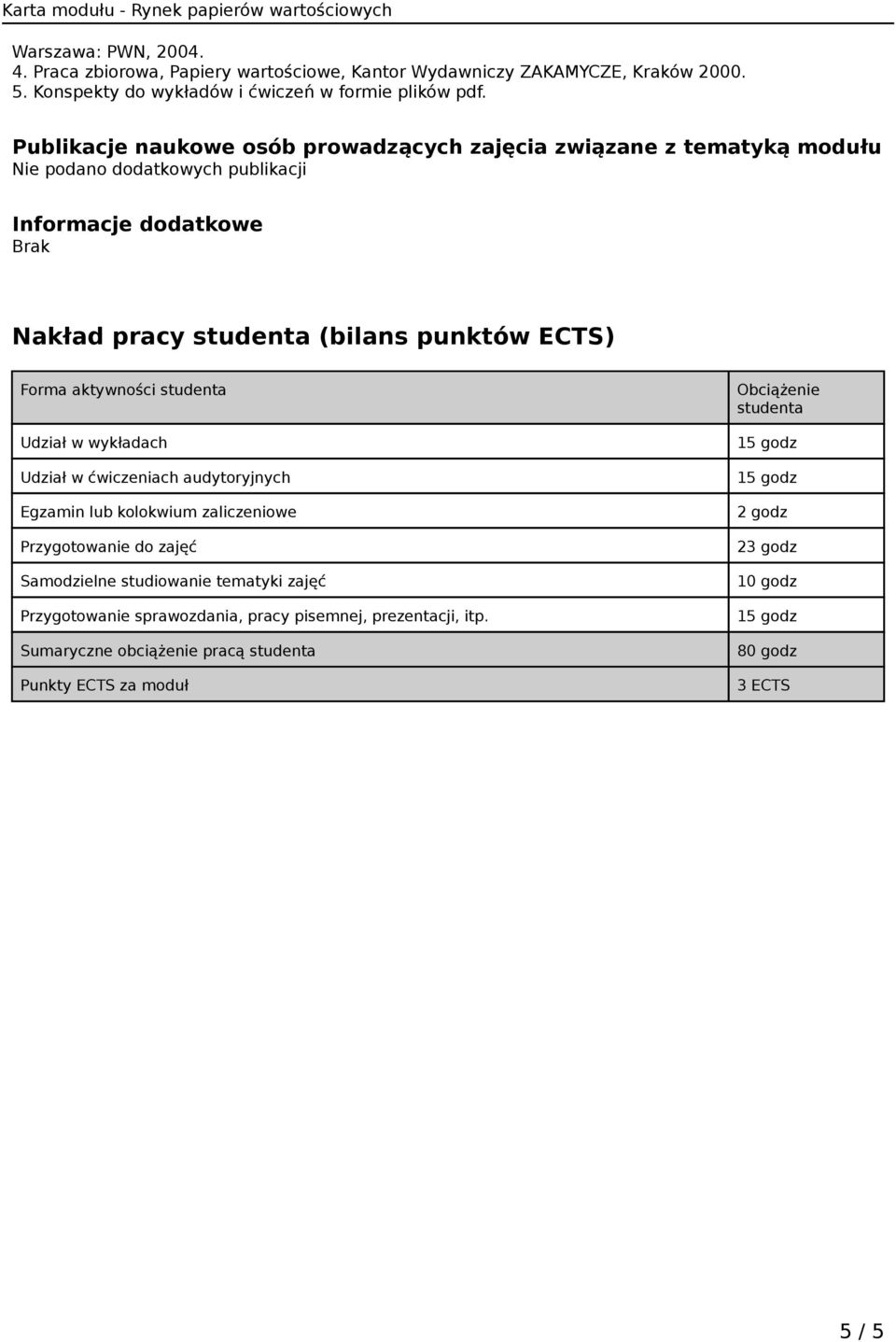 ECTS) Forma aktywności studenta Udział w wykładach Udział w ćwiczeniach audytoryjnych Egzamin lub kolokwium zaliczeniowe Przygotowanie do zajęć Samodzielne studiowanie