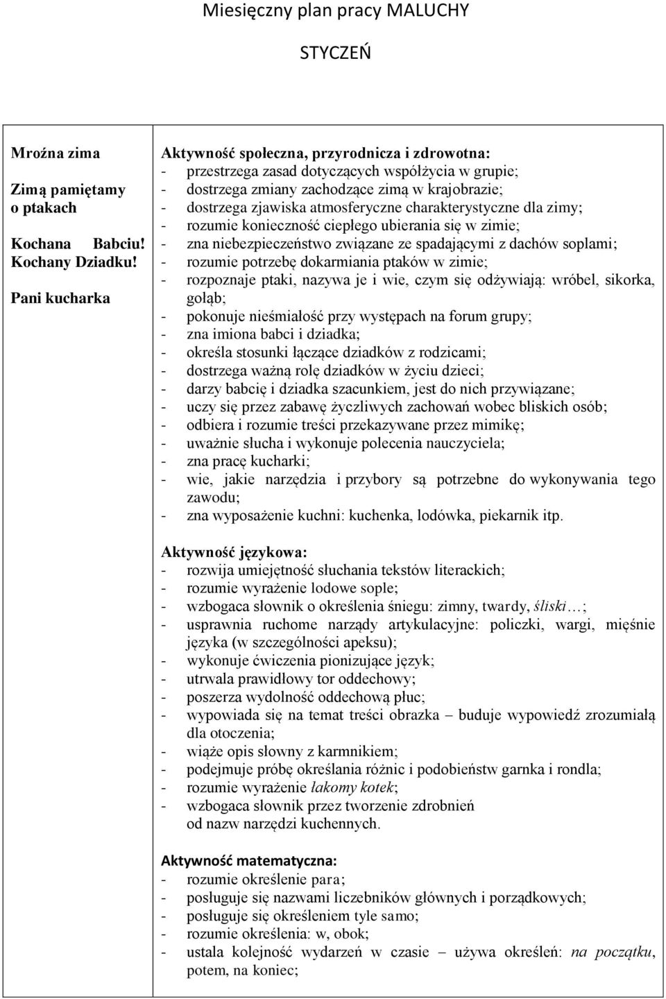 charakterystyczne dla zimy; - rozumie konieczność ciepłego ubierania się w zimie; - zna niebezpieczeństwo związane ze spadającymi z dachów soplami; - rozumie potrzebę dokarmiania ptaków w zimie; -