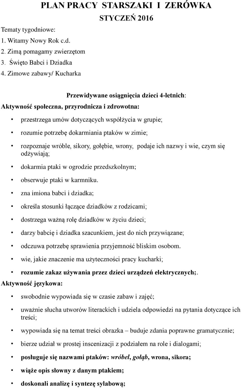 w zimie; rozpoznaje wróble, sikory, gołębie, wrony, podaje ich nazwy i wie, czym się odżywiają; dokarmia ptaki w ogrodzie przedszkolnym; obserwuje ptaki w karmniku.