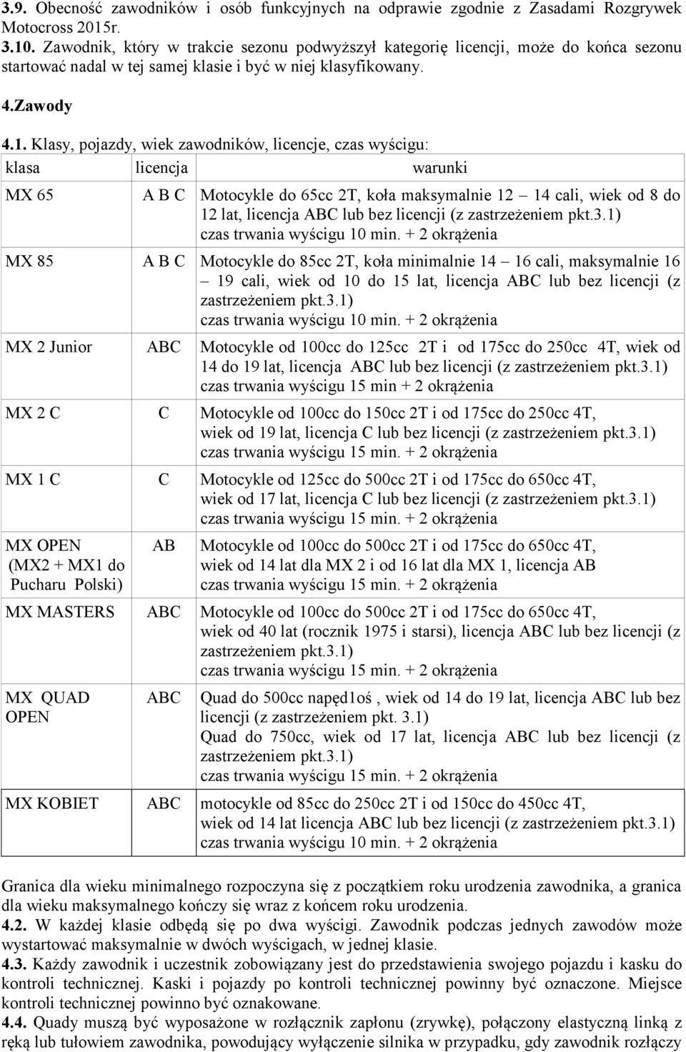 Klasy, pojazdy, wiek zawodników, licencje, czas wyścigu: klasa licencja warunki MX 65 A B C Motocykle do 65cc 2T, koła maksymalnie 12 14 cali, wiek od 8 do 12 lat, licencja ABC lub bez licencji (z