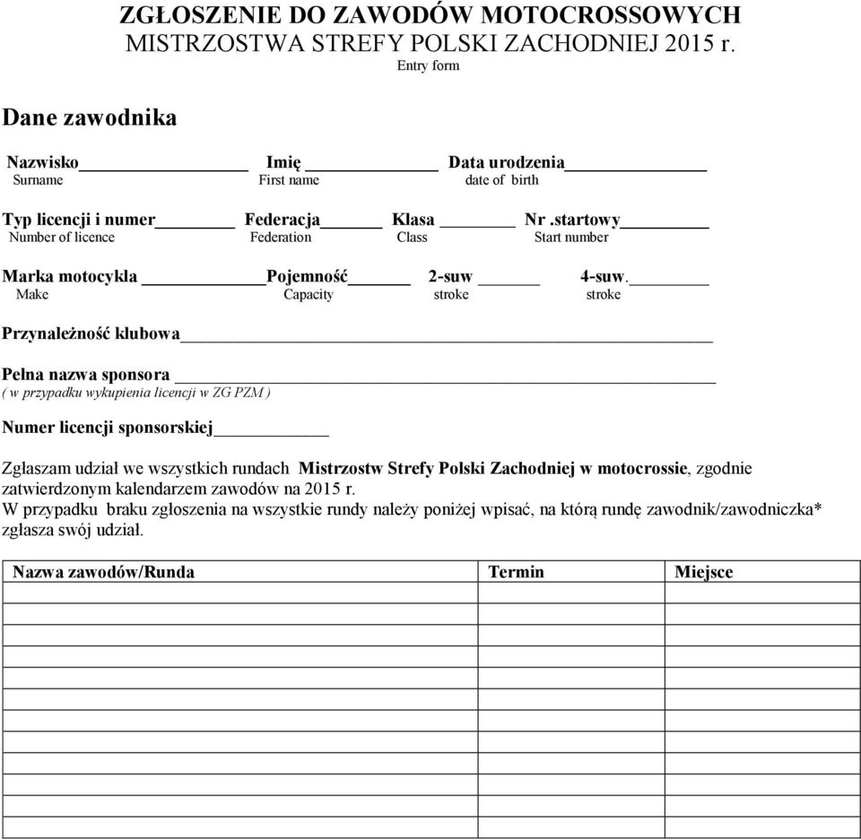 startowy Number of licence Federation Class Start number Marka motocykla Pojemność 2-suw 4-suw.