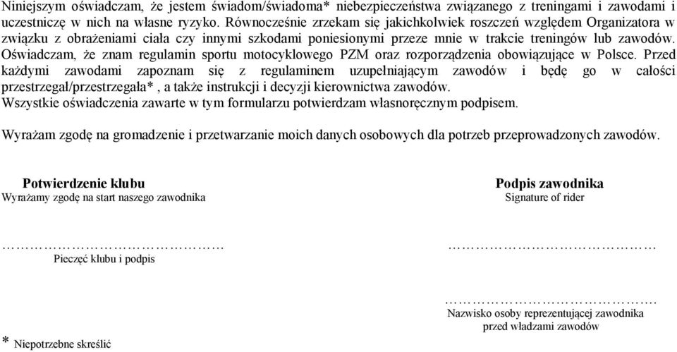 Oświadczam, że znam regulamin sportu motocyklowego PZM oraz rozporządzenia obowiązujące w Polsce.