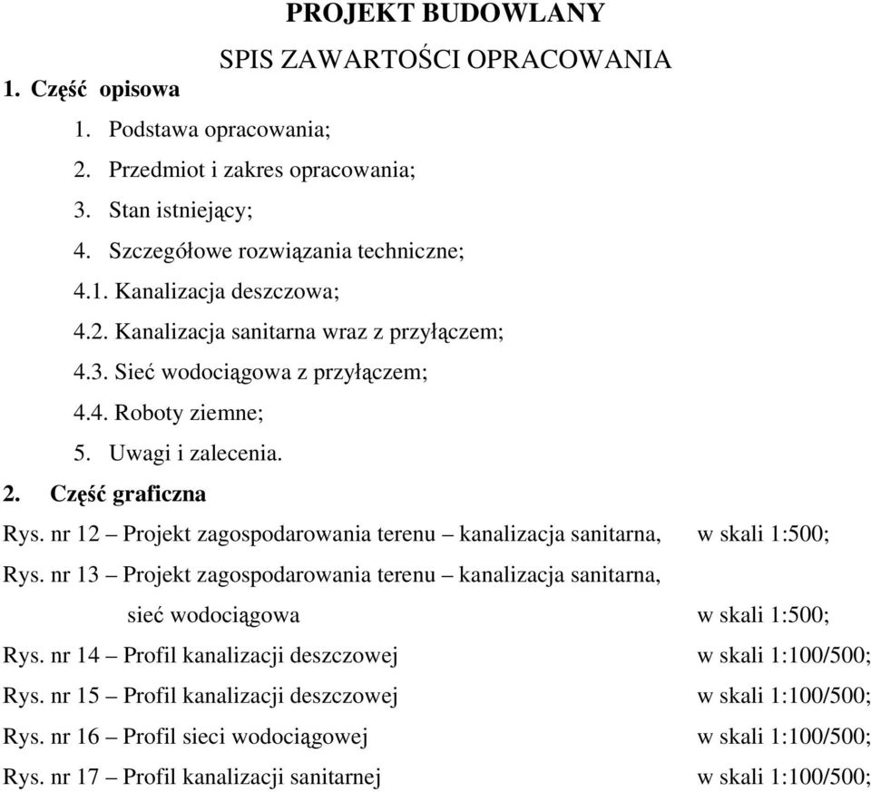 nr 12 Projekt zagospodarowania terenu kanalizacja sanitarna, w skali 1:500; Rys. nr 13 Projekt zagospodarowania terenu kanalizacja sanitarna, sieć wodociągowa w skali 1:500; Rys.