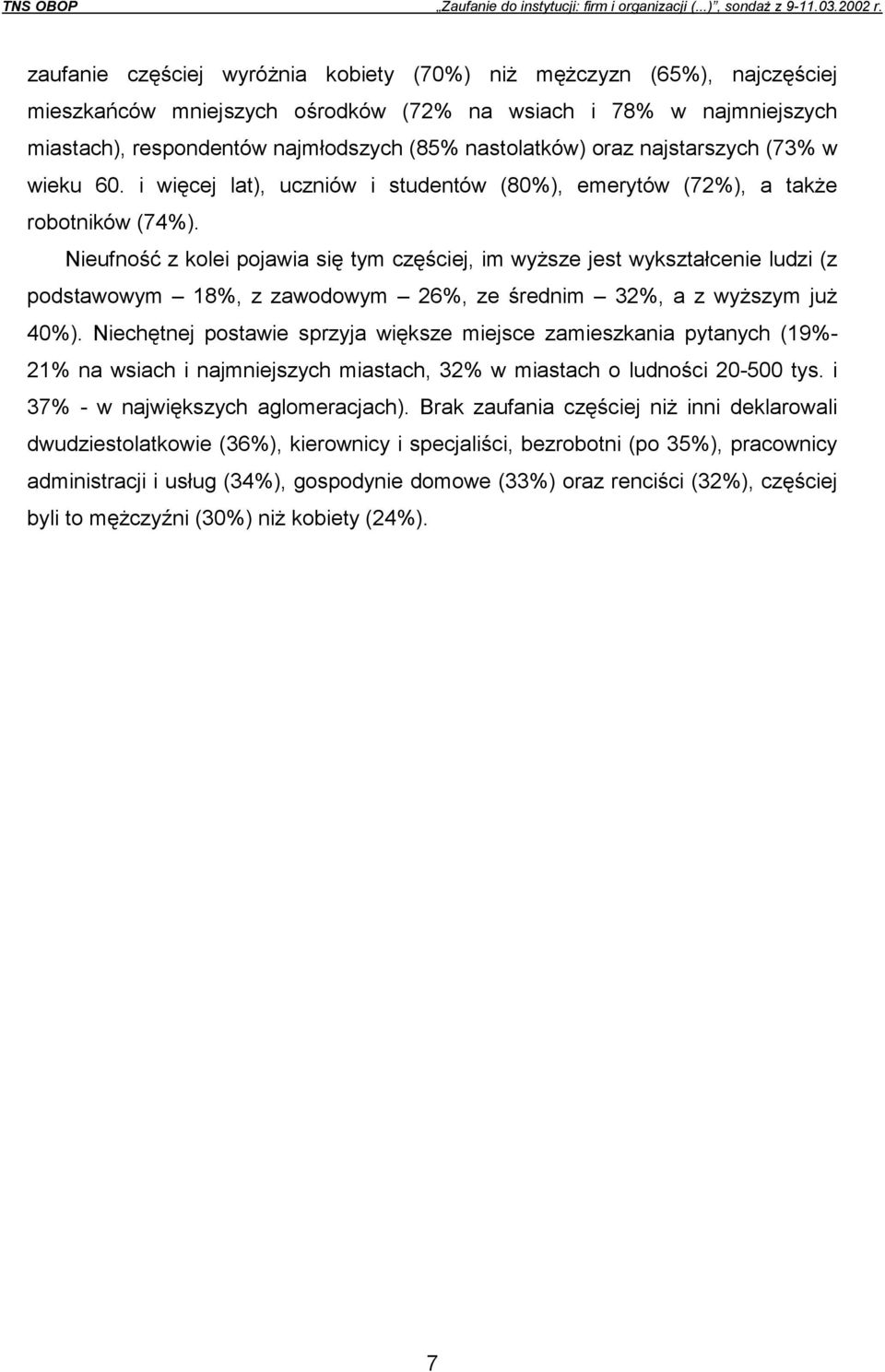 Nieufność z kolei pojawia się tym częściej, im wyższe jest wykształcenie ludzi (z podstawowym 18%, z zawodowym 26%, ze średnim 32%, a z wyższym już 40%).