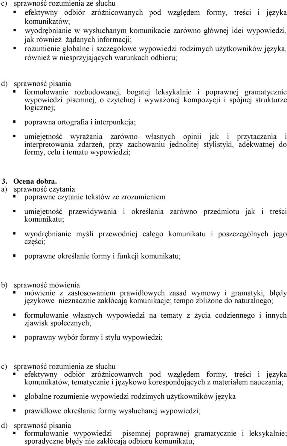 poprawnej gramatycznie wypowiedzi pisemnej, o czytelnej i wyważonej kompozycji i spójnej strukturze logicznej; poprawna ortografia i interpunkcja; umiejętność wyrażania zarówno własnych opinii jak i