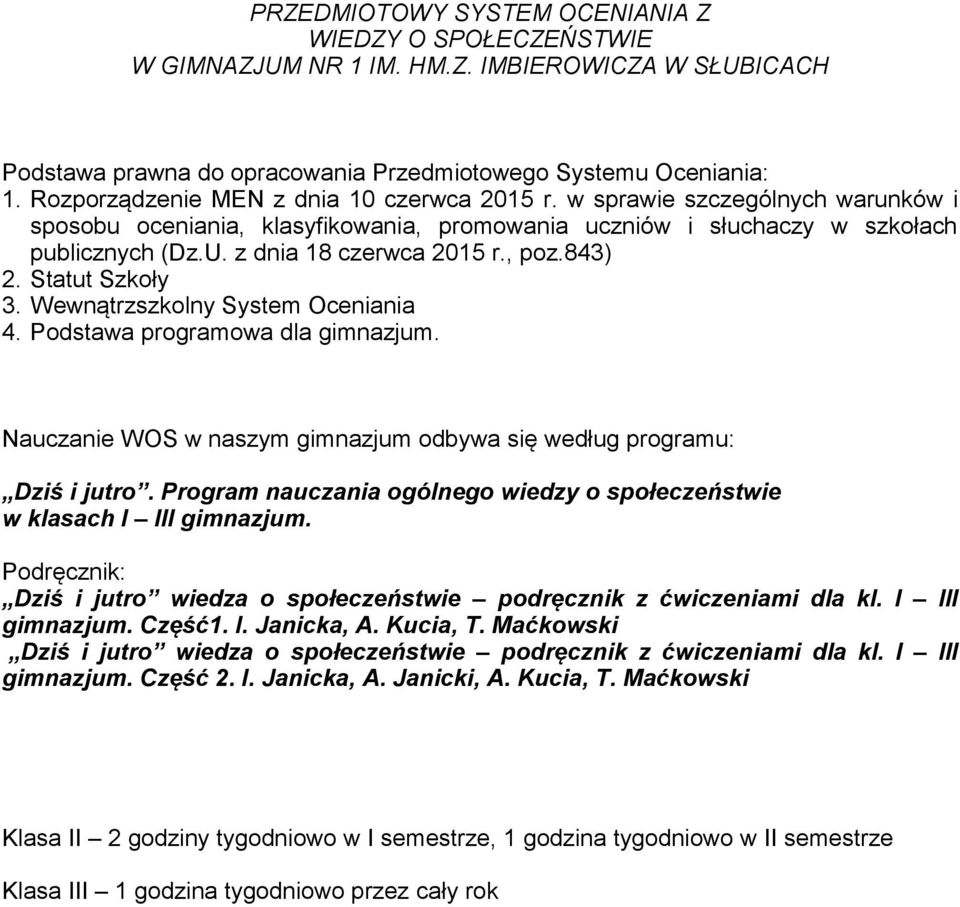 , poz.843) 2. Statut Szkoły 3. Wewnątrzszkolny System Oceniania 4. Podstawa programowa dla gimnazjum. Nauczanie WOS w naszym gimnazjum odbywa się według programu: Dziś i jutro.