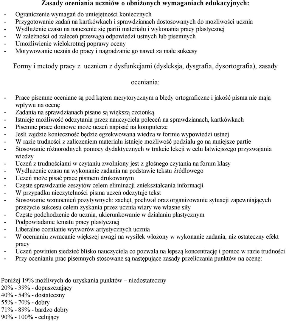 - Motywowanie ucznia do pracy i nagradzanie go nawet za małe sukcesy Formy i metody pracy z uczniem z dysfunkcjami (dysleksja, dysgrafia, dysortografia), zasady oceniania: - Prace pisemne oceniane są