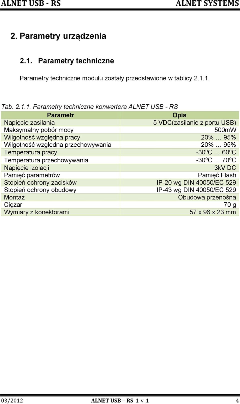 1. Tab. 2.1.1. Parametry techniczne konwertera ALNET USB - RS Parametr Napięcie zasilania 5 VDC(zasilanie z portu USB) Maksymalny pobór mocy 500mW Wilgotność względna