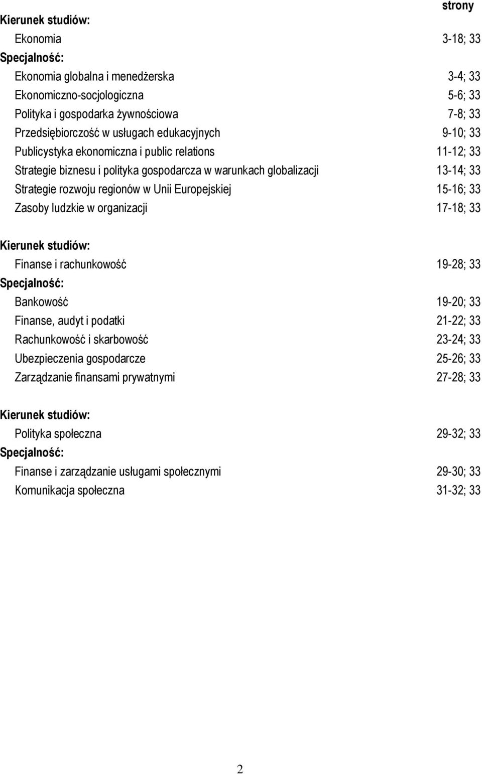 Europejskiej 15-16; 33 Zasoby ludzkie w organizacji 17-18; 33 Kierunek studiów: Finanse i rachunkowość 19-28; 33 Specjalność: Bankowość 19-20; 33 Finanse, audyt i podatki 21-22; 33 Rachunkowość i