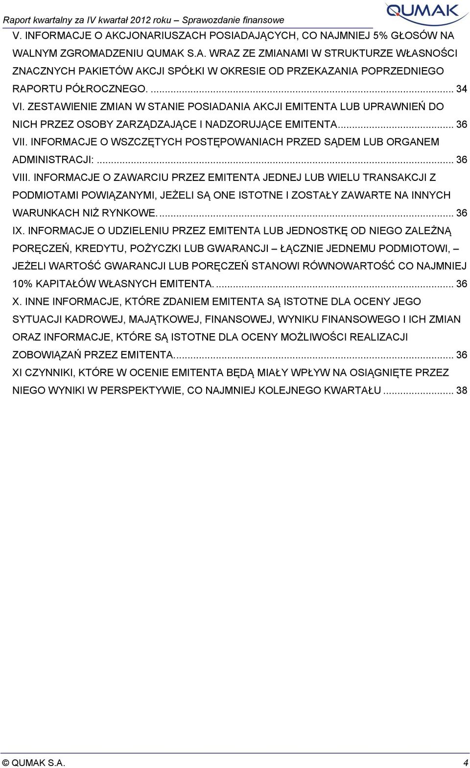 ... 34 VI. ZESTAWIENIE ZMIAN W STANIE POSIADANIA AKCJI EMITENTA LUB UPRAWNIEŃ DO NICH PRZEZ OSOBY ZARZĄDZAJĄCE I NADZORUJĄCE EMITENTA... 36 VII.