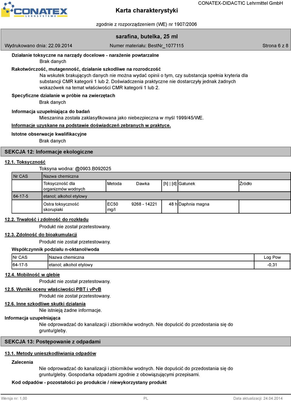 Specyficzne działanie w próbie na zwierzętach Informacja uzupełniająca do badań Mieszanina została zaklasyfikowana jako niebezpieczna w myśl 1999/45/WE.