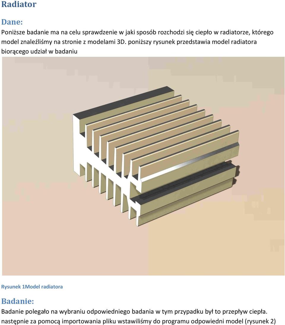 poniższy rysunek przedstawia model radiatora biorącego udział w badaniu Rysunek 1Model radiatora Badanie: